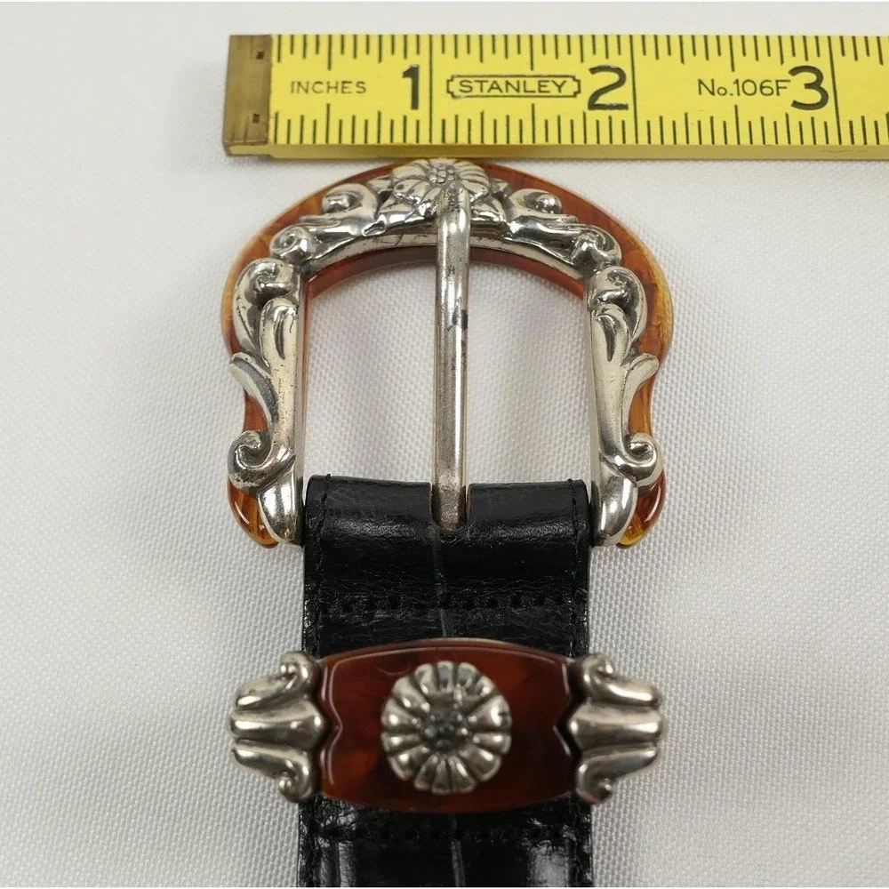 VTG Brighton Black Leather Croc Belt Amber Inlay Embossed Silver Buckle '96 USA